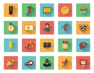 Modern flat Basketball icons set with long shadow effect