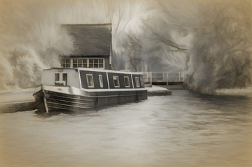 charcoal drawing effect of barge at a junction on the canal
