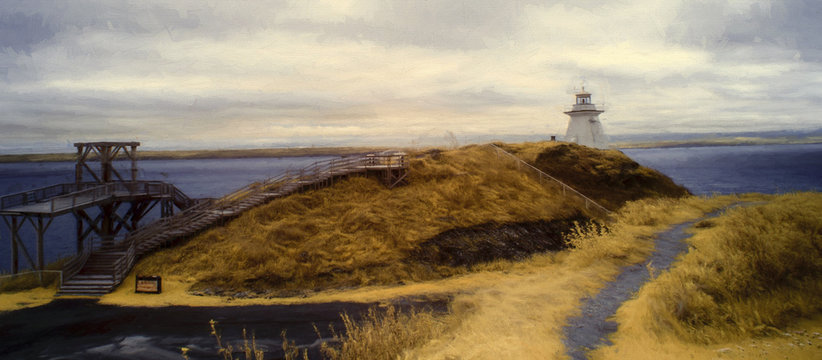 Cape Enrage panorama showing lighthouse with ocean and land in the background