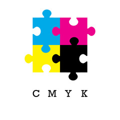 CMYK colors concept. Colorful puzzle vector design. Provider of printer ink and toner, letterpress printers. Keep printing!