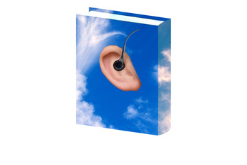 Ilustration Buchcover von einem Wolkenbild mit Ohr und  Kopfhörer.