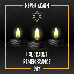 Burning candles. Holocaust Remembrance Day. Jewish Holocaust and Heroism Remembrance Day. Concentration Camps. Yellow Star of David. Ghetto and Concentration Camps. Vector illustration