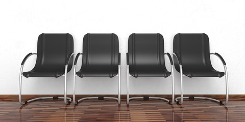 Waiting chairs on a wooden floor. 3d illustration