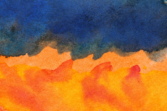 Orange And Dark Blue Paint Strokes On  Watercolor Paper Texture, Abstract Background