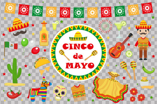 Cinco de Mayo celebration in Mexico, icons set, design element, flat style.Collection objects for Cinco de Mayo parade with pinata, food, sambrero, tequila, cactus. Vector illustration, clipart.