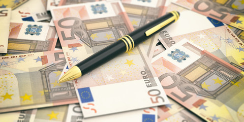 Pen on euro banknotes background. 3d illustration