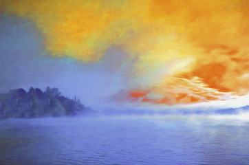 High coloured abstract of lake showing distant land and bright yellow sky with mist burning off water