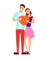 Young couple holding a red heart on a white background. Vector illustration