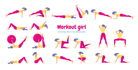 Woman in gym. Set of gym icons in flat style isolated on white b