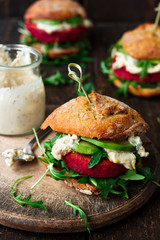 Vegan burgers with beetroot and avocado