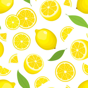 Vector seamless background of citrus product - lemon with leaves on white background. Whole fruits and slices. Cover design. 