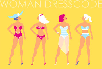 Women in swimsuit of different types on a yellow background