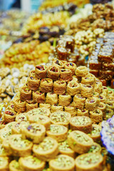 Turkish honey baklava on a traditional farmer market in Istanbul, Turkey