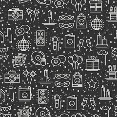 Party celebration seamless pattern. Birthday, holidays, event, carnival festive. Party decor elements thin icons. Funny vector illustration. Line background. Texture. Mask gifts cake cocktail firework