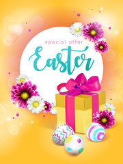 Easter card with gift box, eggs and flowers