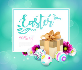 Easter card with gift box, eggs and flowers