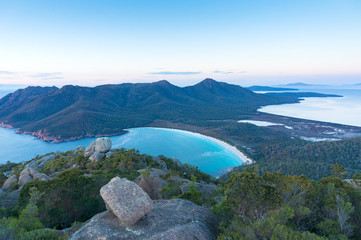 Aerial panorama of Wineglass ay beach and Freycinet National Park