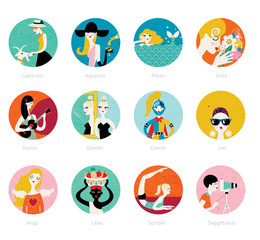 Set of twelve circle shaped signs illustrations of a woman 2026 horoscope. 