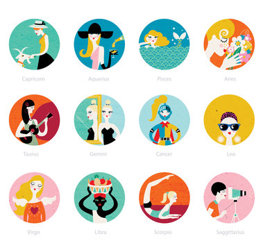 Set of twelve circle shaped signs illustrations of a woman horoscope. 