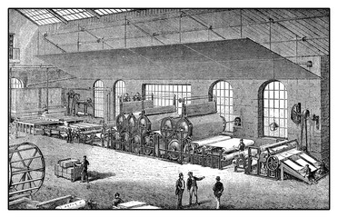 Cylinder type papermaking machine for paper production, XIX century engraving