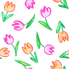 Obraz premium Seamless pattern with simple abstract orange and white tulips painted in watercolor on white isolated background