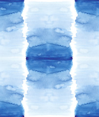 Seamless pattern with gradient blue tie dye rows painted in watercolor on white background