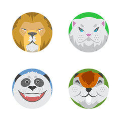 Cute animals emotions icons isolated fun set face happy character emoji comic adorable pet and expression smile collection wild avatar vector illustration.