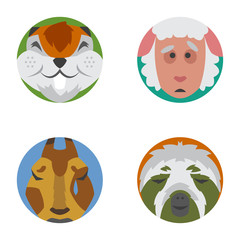 Cute animals emotions icons isolated fun set face happy character emoji comic adorable pet and expression smile collection wild avatar vector illustration.