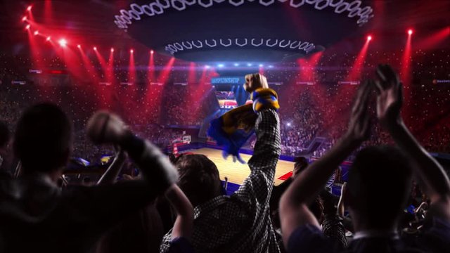 Fans on basketball court in game video
