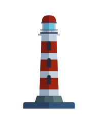 Cartoon flat lighthouse searchlight tower for maritime navigation guidance light vector illustration.