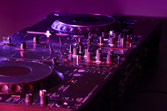 Dj mixer in nightclub, closeup
