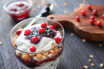 Glass of delicious dessert, closeup