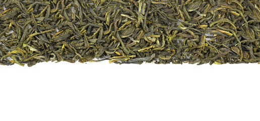 Heap of dry tea leaves on white background