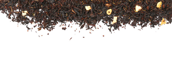 Heap of dry tea leaves on white background