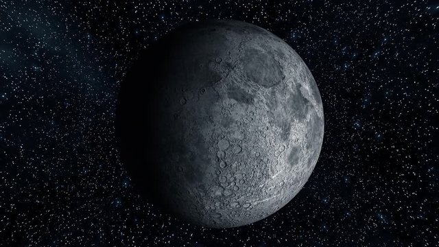 3d render animation. Moon full rotate on the stars background.