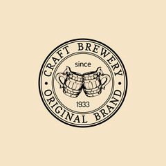 Kraft beer mugs logo. Lager cups retro sign. Hand sketched ale illustration. Vector vintage homebrewing label or badge.