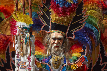 Tobas dancers in colourful costumes performing at the annual Oruro Carnival. The event is designated by UNESCO as being Intangible Cultural Heritage of Humanity.
