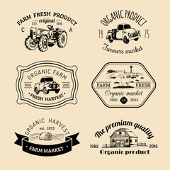 Vector retro set of farm fresh logotypes. Vintage labels with hand sketched agricultural equipment illustrations.