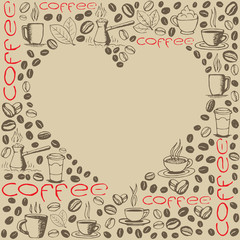 Coffee Symbols Background with Heart Shape inside