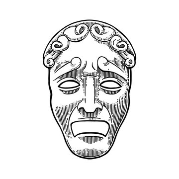 Tragedy theater mask . Vector engraving vintage black illustration
