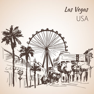 Las Vegas Cityscape Sketch Wirh Ferris Wheel.