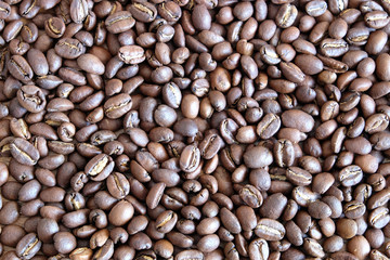 Lot of scattered roasted coffee beans as background top view close up