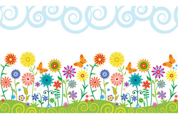 Seamless pattern with fancy flowers and butterflies. 