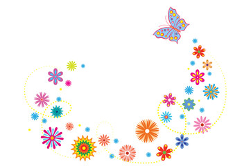 Fototapeta na wymiar Springtime, summer banner with fancy flowers and butterfly. No background. 