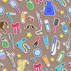 Seamless pattern on the theme of the Barber shop, tools, and accessories of Barber, colored stickers icons on a brown background