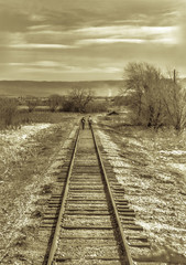 Fototapeta premium walk train tracks train fishing outdoors family boy father fishing train