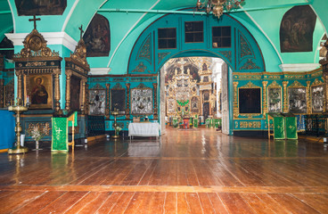 Obraz premium Interior of the Church of the Holy Face in the village Mlevo. Ancient orthodox icons in the church