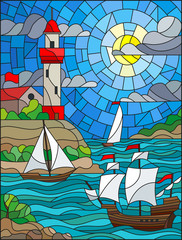 Obrazy na Szkle  Ilustracja w stylu witrażu z widokiem na morze, trzy statki i brzeg z latarnią morską w tle dnia chmury niebo słońce i morze