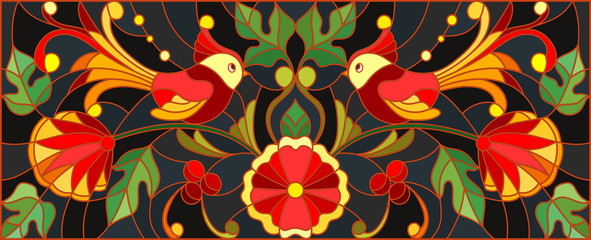 Illustration in stained glass style with a pair of birds , flowers and patterns on a dark background , horizontal image,the imitation of painting Khokhloma