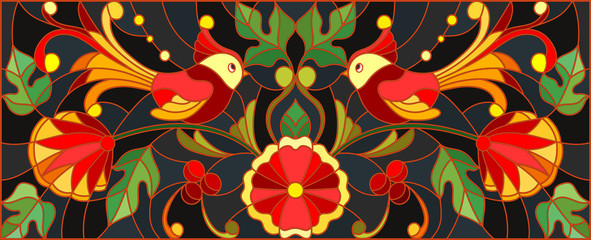 Illustration in stained glass style with a pair of birds , flowers and patterns on a dark background , horizontal image,the imitation of painting Khokhloma